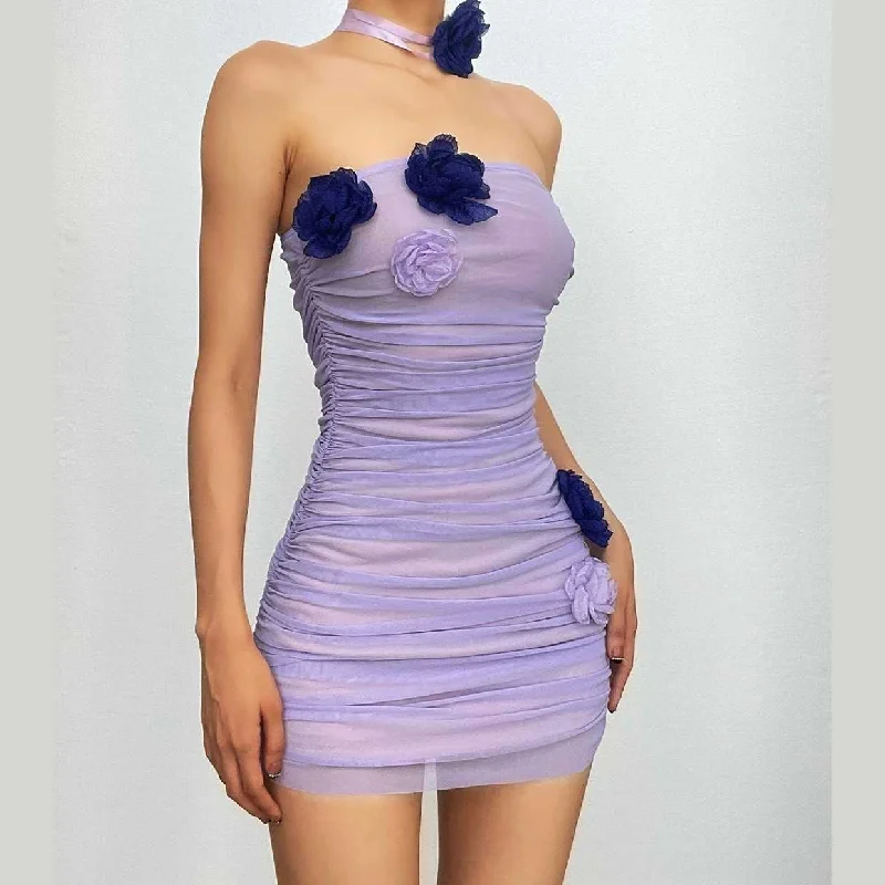 Ruched mesh flower applique backless tube mini dress Comfortable Smocked Mini Dress