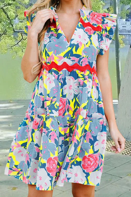 Ruffled Printed Cap Sleeve Mini Dress Trendy Lace Mini Dress
