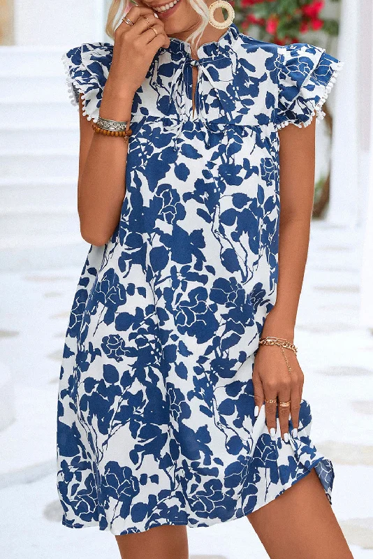 Ruffled Printed Tie Neck Cap Sleeve Mini Dress Classic Striped Mini Dress