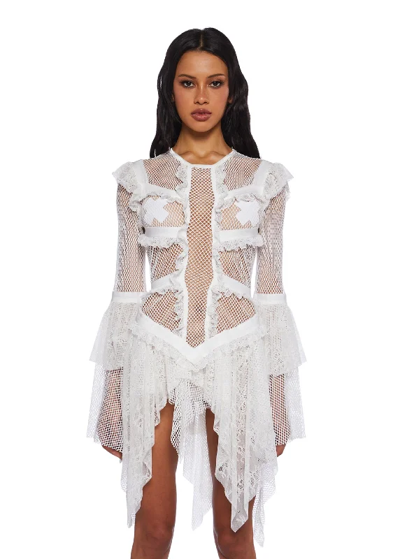 Saints & Sinners Fishnet Mini Dress - White Elegant Mini Dress with Ruffles