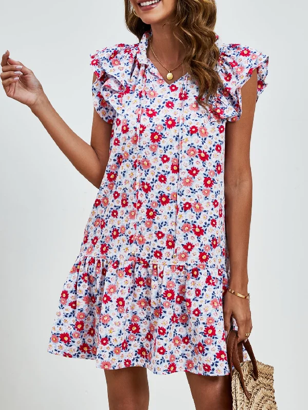 Tied Floral Cap Sleeve Mini Dress Stylish Puff Sleeve Mini Dress