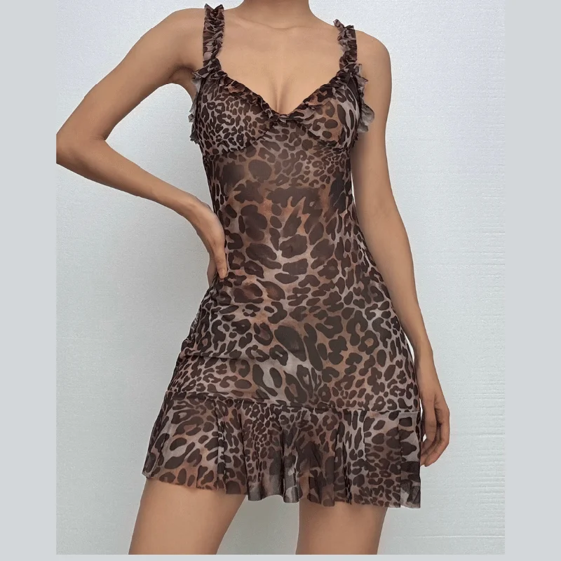 V neck leopard print lace hem ruffle cami mini dress Stylish Short-Sleeve Mini Dress V neck leopard print lace hem ruffle cami mini dress Stylish Short-Sleeve Mini Dress