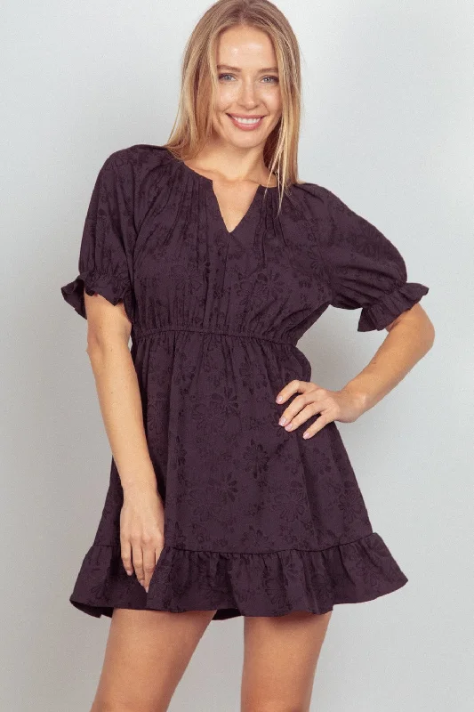 VERY J Floral Textured Woven Ruffled Mini Dress Casual V-Neck Mini Dress