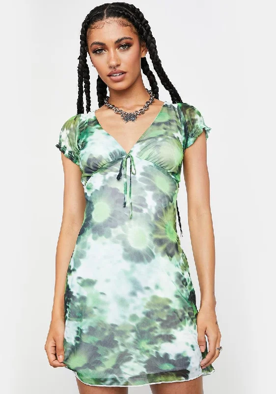 Xray Blurred Daisy Green Mesh Evilia Mini Dress Chic Puff Sleeve Mini Dress