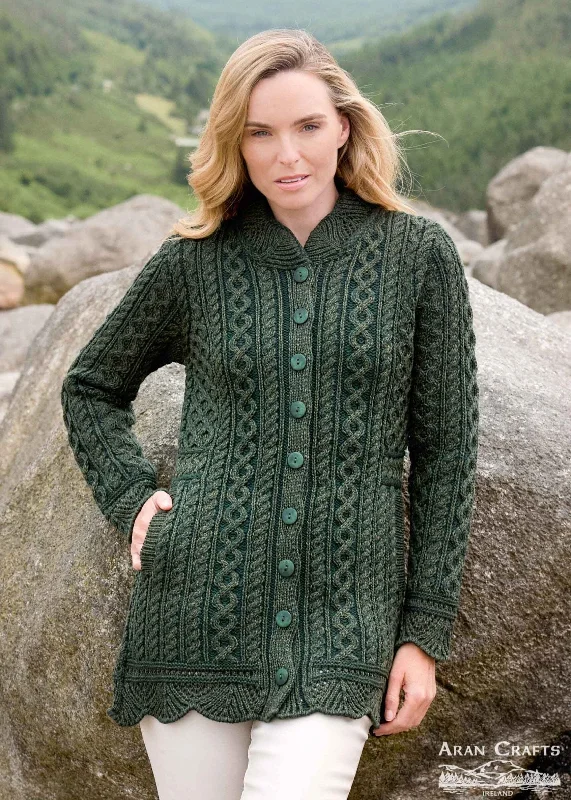 Aran Plated Scallop Jacket | Green Stand-Up Collar Roll-Neck Collar Turtle Neck