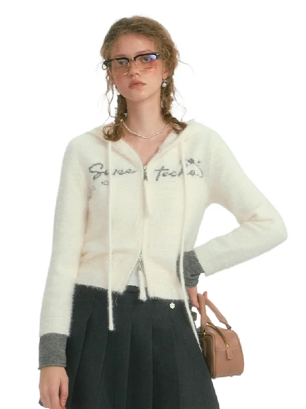 Contrast Hooded Letter Knit Jacket Denim Fabric Leather Fabric Suede Fabric