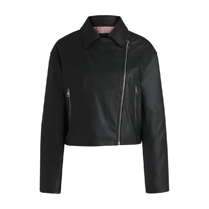 Faux-leather biker-style jacket with signature trims Snapped Jacket Toggled Jacket Drawstring Jacket Faux-leather biker-style jacket with signature trims Snapped Jacket Toggled Jacket Drawstring Jacket