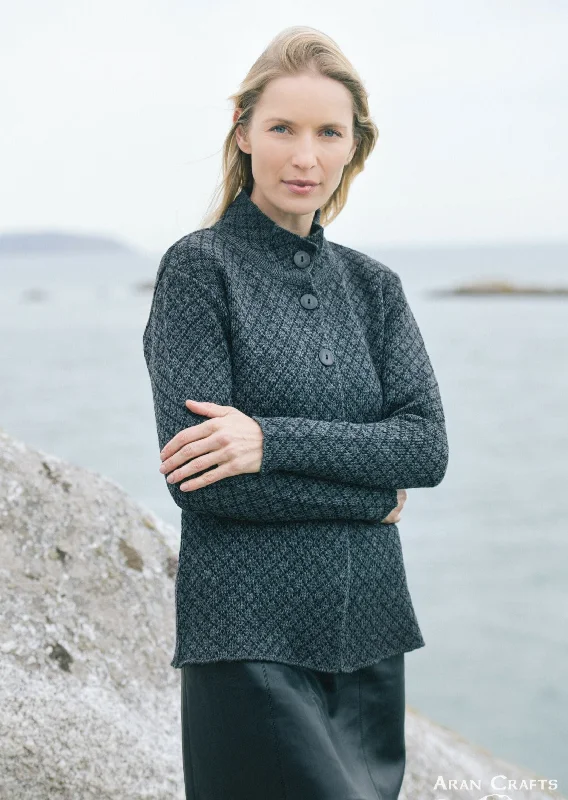 Foxford Chequered Merino Aran Jacket | Charcoal Welt Pockets Slit Pockets Flap Pockets Foxford Chequered Merino Aran Jacket | Charcoal Welt Pockets Slit Pockets Flap Pockets