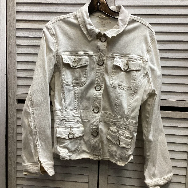 Jacket Denim By Faded Glory In White, Size: L Knit Fabric Woven Fabric Fleece Fabric Jacket Denim By Faded Glory In White, Size: L Knit Fabric Woven Fabric Fleece Fabric