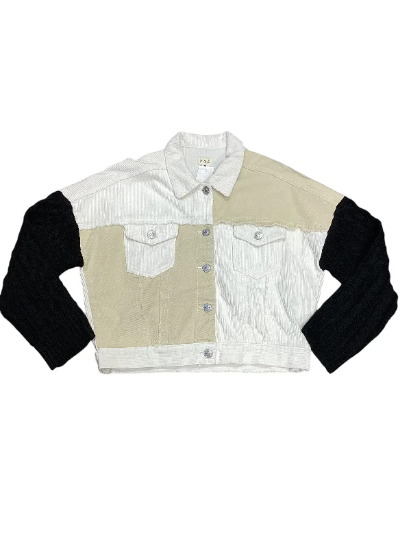 Jacket Shirt By Pol In Tan & White, Size: M Satin Fabric Silk Fabric Chiffon Fabric