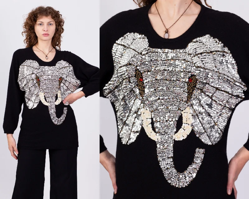 80s Black Angora Sequin Elephant Sweater - Small to Medium Solid Print Embellished