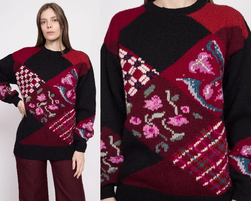 80s Black Floral Wool Sweater - Small Welt Pockets Slit Pockets Flap Pockets