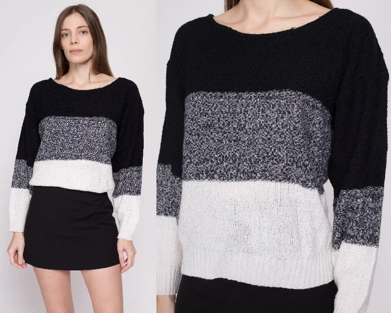 80s Color Block Knit Sweater - Medium Chenille Brocade Lace