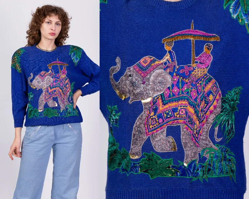 80s Royal Blue Elephant Knit Sweater - Medium Slim Fit Regular Fit Oversized