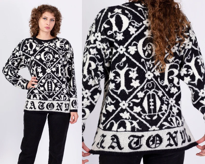 90s Black & White Baroque Sweater - Medium Graphic Sweater Embroidered Appliqued