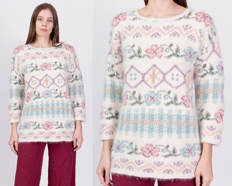 90s Floral Angora Sweater - Small Zippered Front Buttoned Front Snap Front