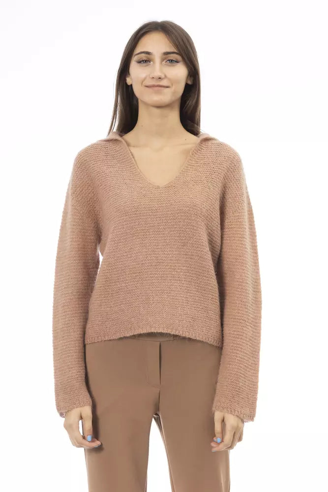 Alpha Studio Beige Merino Wool Women Sweater Embroidered Appliqued Beaded