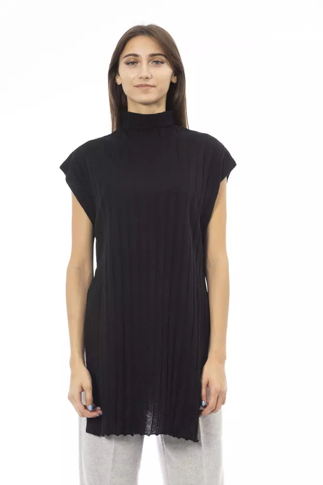 Alpha Studio Black Wool Women Sweater Terry Terry Cloth Terry Knit