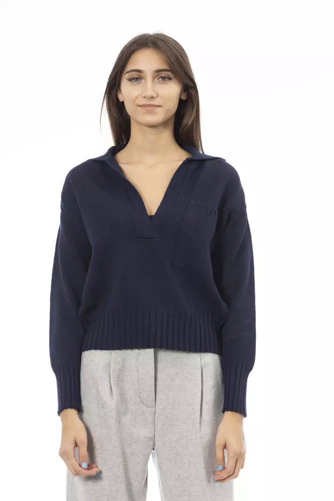Alpha Studio Blue Wool Women Sweater Satin Blend Silk Blend Wool Blend
