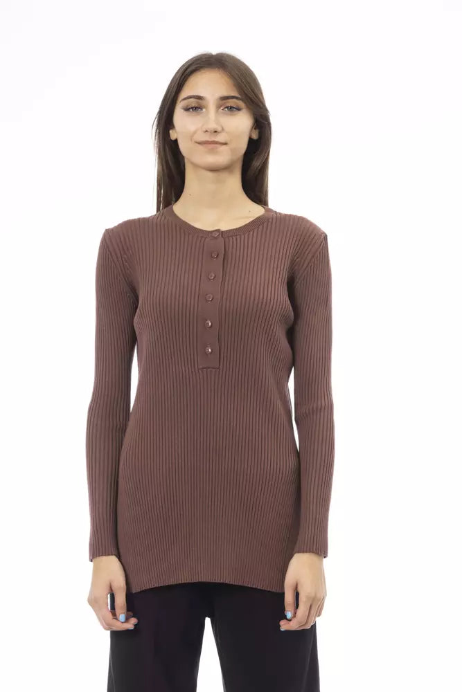 Alpha Studio Brown Viscose Women Sweater Collared Crew Neck Turtle Neck