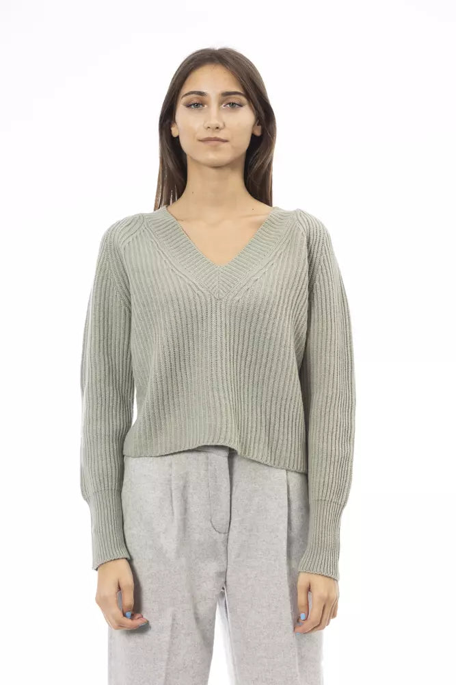 Alpha Studio Green Wool Women Sweater Ribbed Striped Patterned