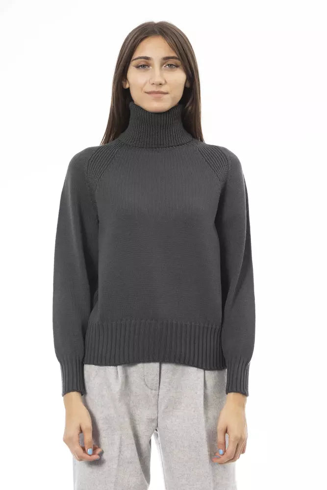 Alpha Studio Green Wool Women Sweater Collared Crew Neck Turtle Neck