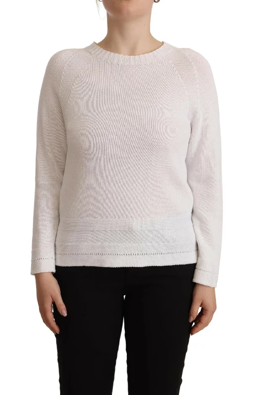 Alpha Studio Elegant White Cotton Pullover Sweater Silk Blend Satin Velvet