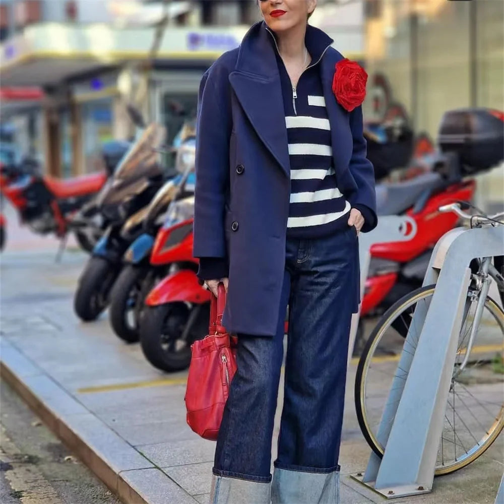 American Style Fashion Casual Long Striped Knitted Sweater Lace Blend Ribbed Blend Corduroy Blend