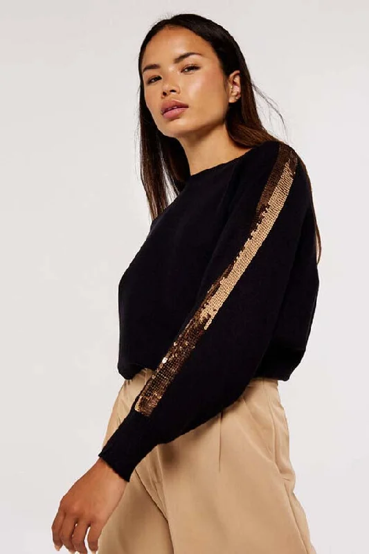 Apricot Sequin Stripe Batwing Jumper Fleece Sweater Nylon Polyester