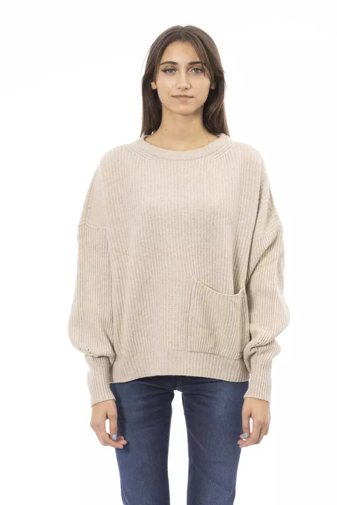 Baldinini Trend Beige Wool Women Sweater Beaded Sweater Sequined Faux Fur