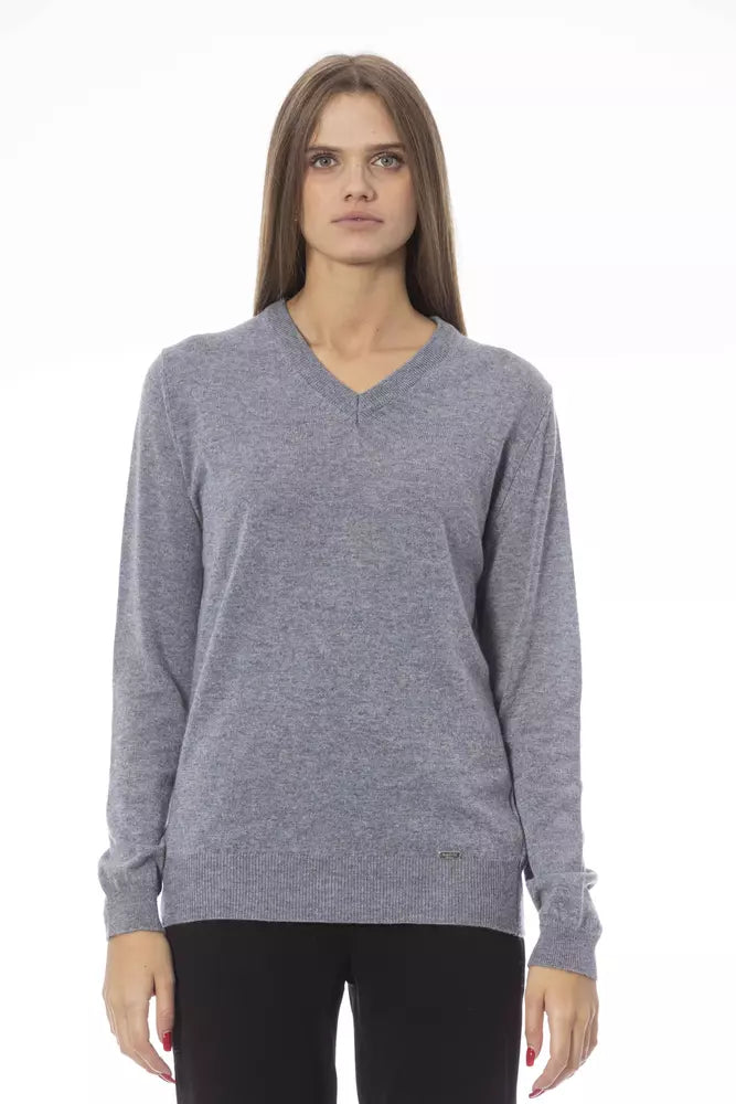 Baldinini Trend Gray Wool Women Sweater Zippered Front Buttoned Front Snap Front
