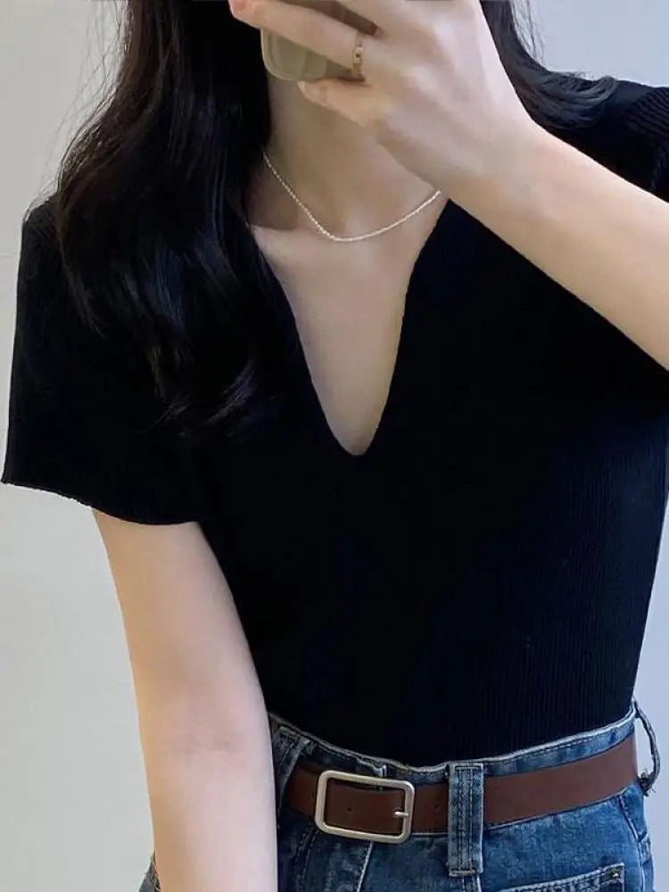 Basic V-neck Solid Summer Knitted Ribbed Slim Short Sweater Embroidered Appliqued Beaded