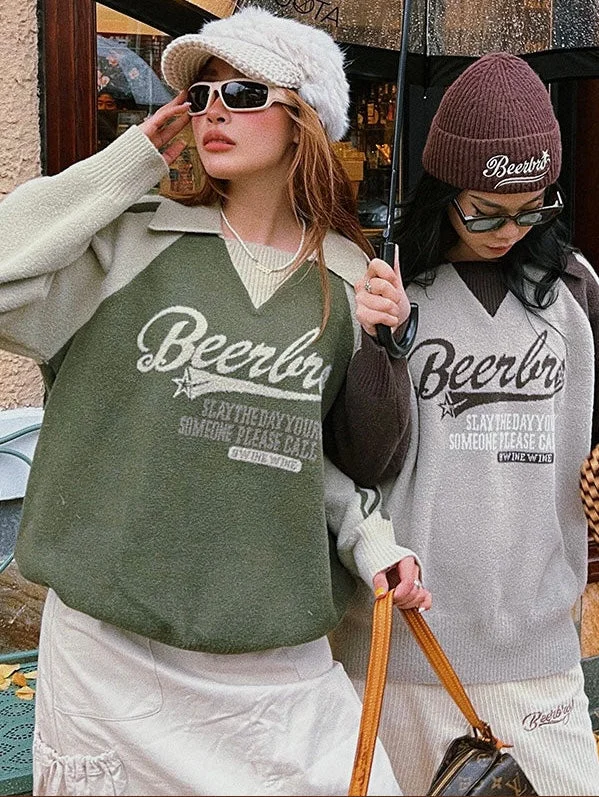 Beerbro Graphic Letter Print Parchwork Long Sleeve Sweater Solid Color Striped Floral Print