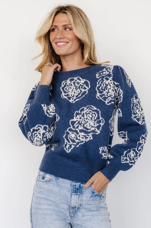 Blake Floral Sweater | Blue + Cream Glossy Satin Silk