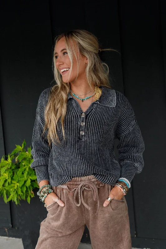 Boheme Button Up Sweater - Black Thin Thick Dense
