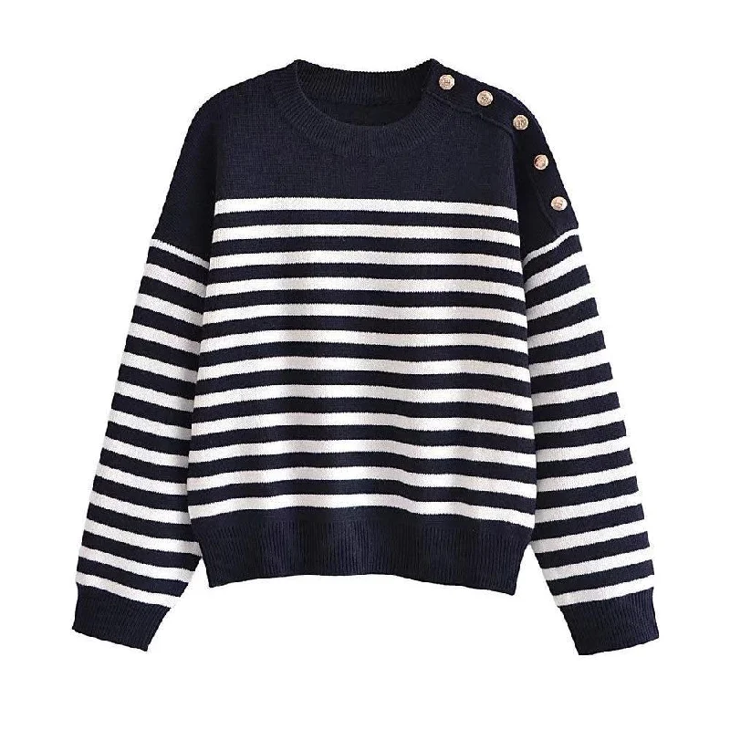 Buttoned Striped Pullover Sweaters Bright Pastel Dark