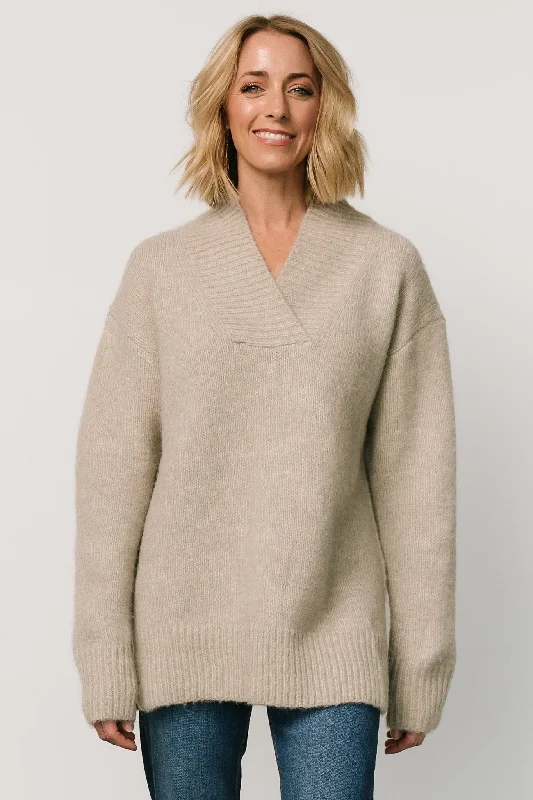 Calgary Oversized Sweater | Oatmeal Graphic Sweater Embroidered Appliqued