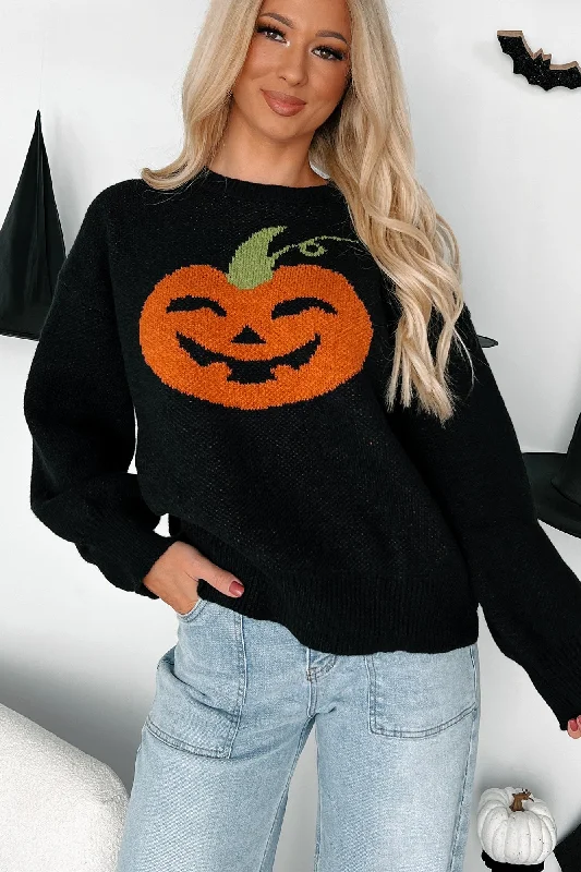 Carving Smiles Knit Halloween Sweater (Black) Notch Collar Peter Pan Collar Cowl Neck Carving Smiles Knit Halloween Sweater (Black) Notch Collar Peter Pan Collar Cowl Neck