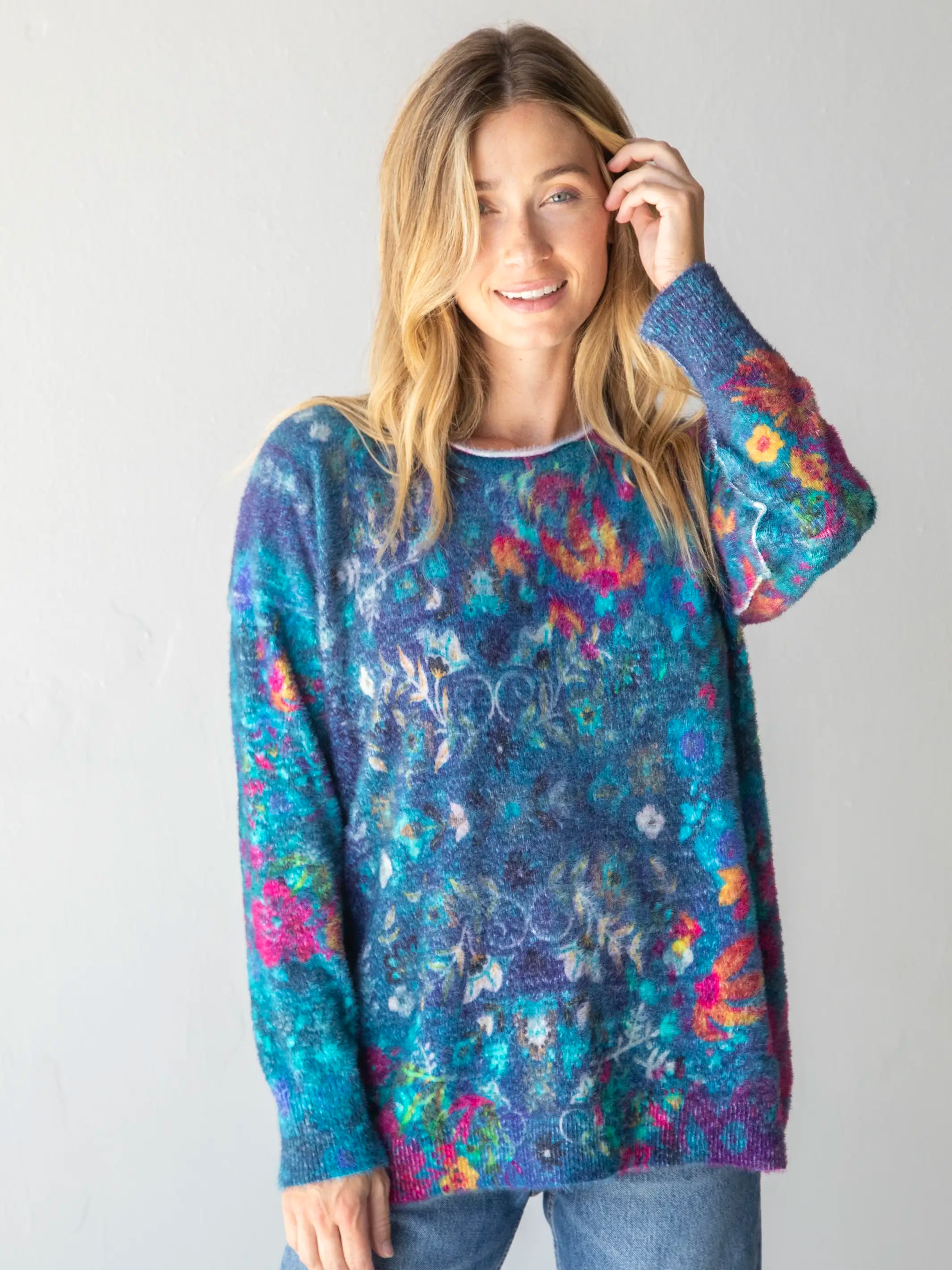 Cashmere-like Pullover Sweater - Indigo Borders Hooded Sweater Collared Sweater Shawl Collar