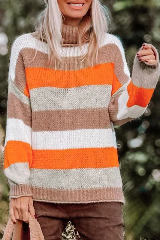 Color Block Drop Shoulder Turtleneck Sweater Soft Cozy Warm