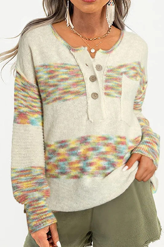 Contrast Half Button Long Sleeve Sweater Chenille Brocade Lace