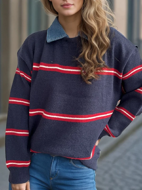 Contrast Stripes Round Neck Long Sleeve Sweater Boat Neck Shawl Collar Notched Collar Contrast Stripes Round Neck Long Sleeve Sweater Boat Neck Shawl Collar Notched Collar