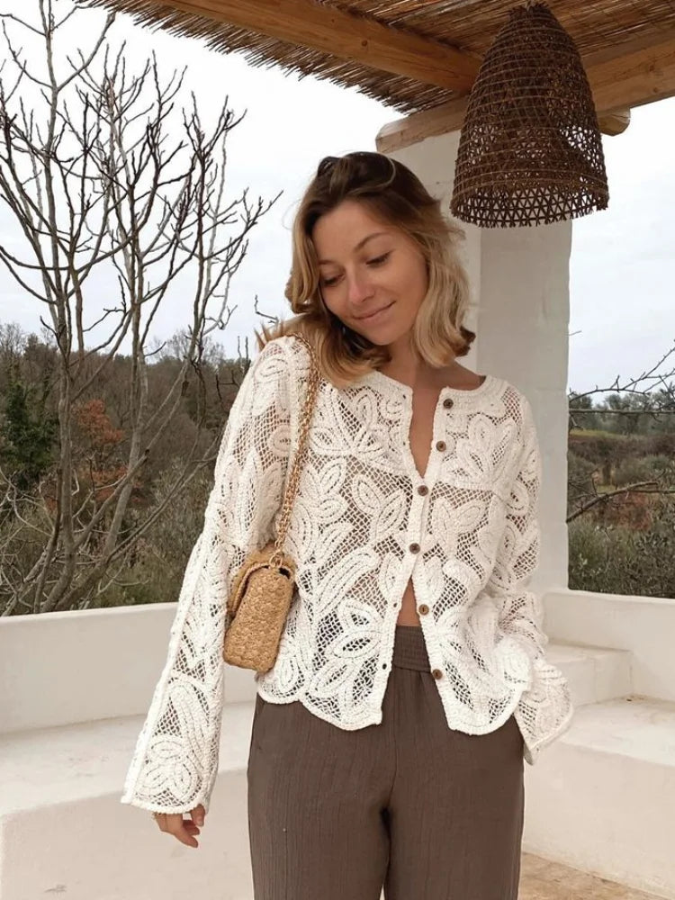 Crochet Hook Hollow Elegant Single Long Commute Knitted Sweater Glossy Satin Silk