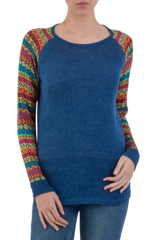 Cusco Market in Blue Blue Tunic Sweater with Multi Color Patterned Sleeves Plaid Sweater Polka Dot Checkered Cusco Market in Blue Blue Tunic Sweater with Multi Color Patterned Sleeves Plaid Sweater Polka Dot Checkered