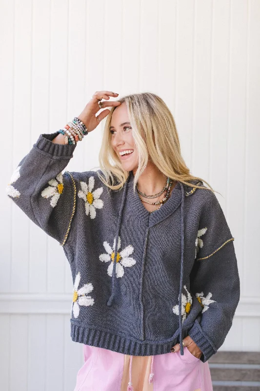 Daisy Belle Sweater Hoodie Top - Charcoal Toggled Drawstring Belted