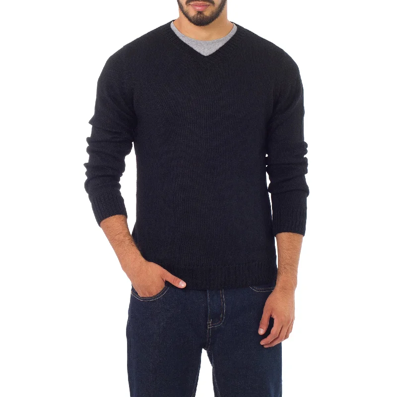 Ebony Black Men's Alpaca Sweater Machine Wash Dry Clean Hand Wash