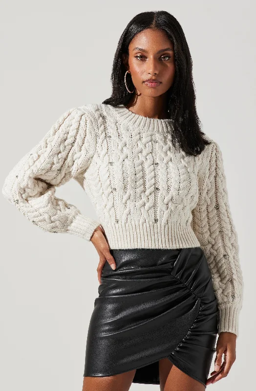 Edith Embellished Cable Knit Sweater Elasticated Padded Insulated