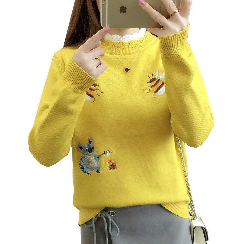 Embroidered Crewneck Women Sweater Mesh Blend Leather Blend Suede Blend