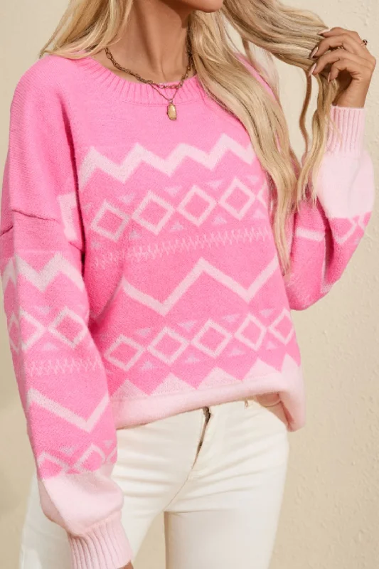 Geometric Drop Shoulder Long Sleeve Sweater Mesh Fabric Canvas Fabric Denim Fabric