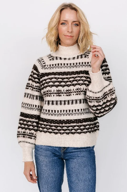 Guadalupe Mock Neck Sweater | Ivory + Chocolate Striped Floral Plaid